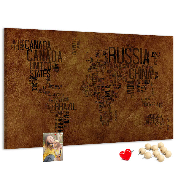Korková nástěnka Mapa světa s názvy zemí.