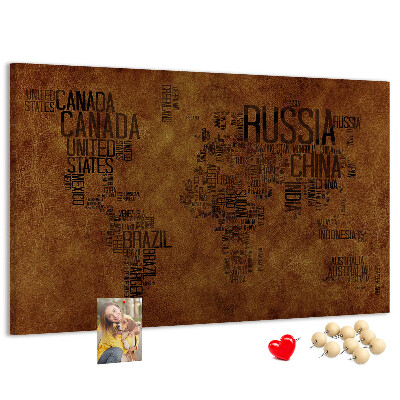 Korková nástěnka Mapa světa s názvy zemí.