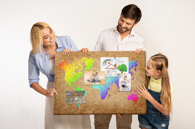 Korková nástěnka Barevná mapa světa na hnědém pozadí