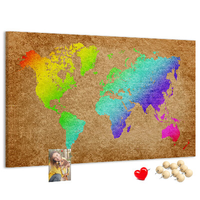 Korková nástěnka Barevná mapa světa na hnědém pozadí