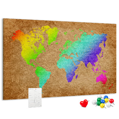 Korková nástěnka Barevná mapa světa na hnědém pozadí