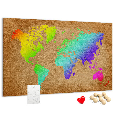 Korková nástěnka Barevná mapa světa na hnědém pozadí