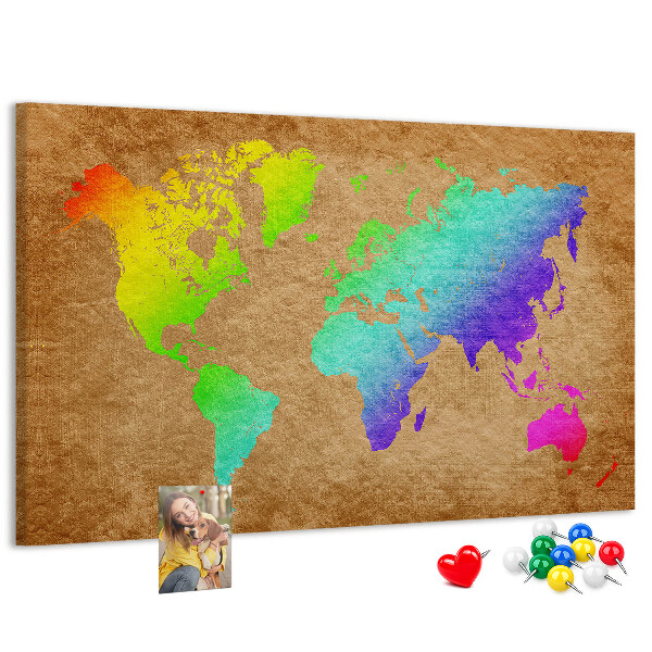 Korková nástěnka Barevná mapa světa na hnědém pozadí