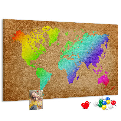 Korková nástěnka Barevná mapa světa na hnědém pozadí