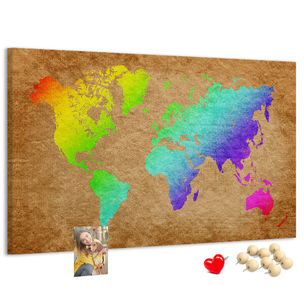 Korková nástěnka Barevná mapa světa na hnědém pozadí