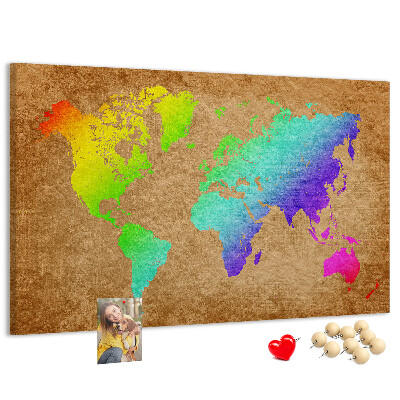 Korková nástěnka Barevná mapa světa na hnědém pozadí
