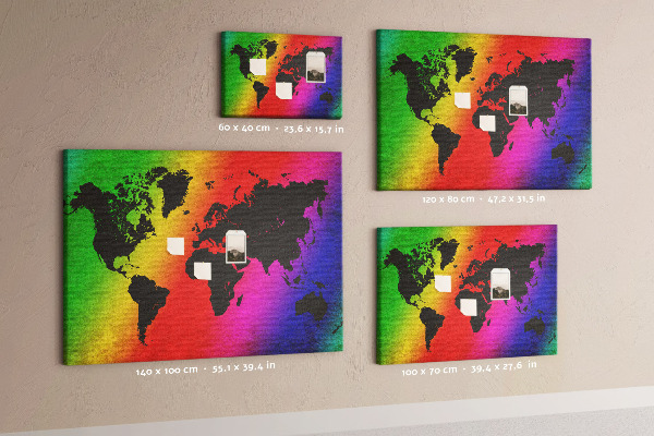 Korková nástěnka Duhová mapa světa na barevném pozadí