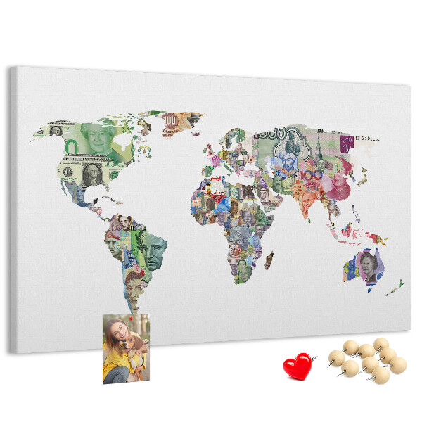 Fětská nástěnka Mapa světa vyrobená z bankovek z různých zemí