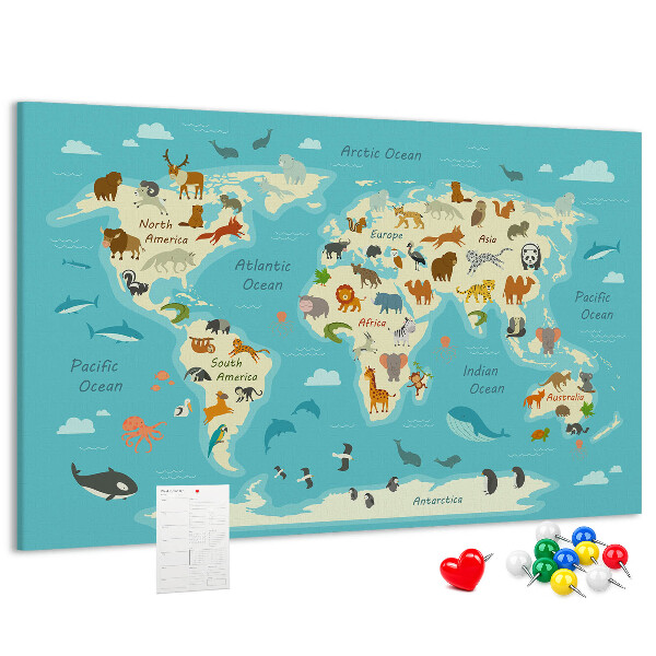 Nástěnka Mapa světa s divokými zvířaty