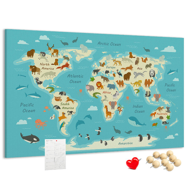 Nástěnka Mapa světa s divokými zvířaty