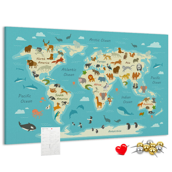 Nástěnka Mapa světa s divokými zvířaty