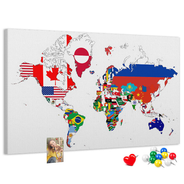 Nástěnka Mapa světa s vlajkami zemí