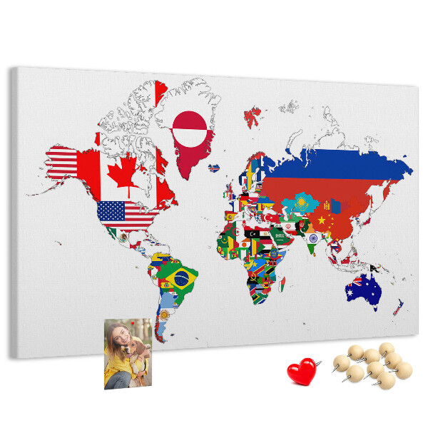 Nástěnka Mapa světa s vlajkami zemí