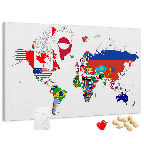 Nástěnka Mapa světa s vlajkami zemí