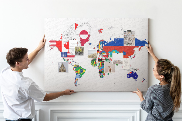Nástěnka Mapa světa s vlajkami zemí