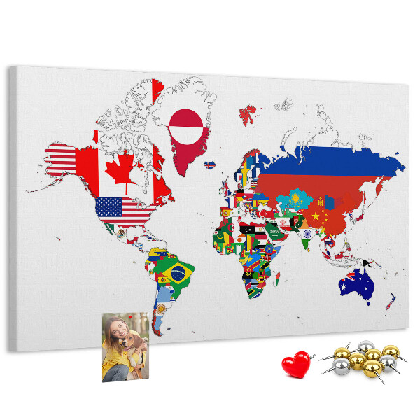 Nástěnka Mapa světa s vlajkami zemí