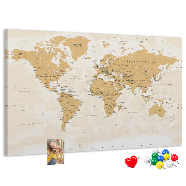 Korková nástěnka Mapa světa s vyznačenými polohami.