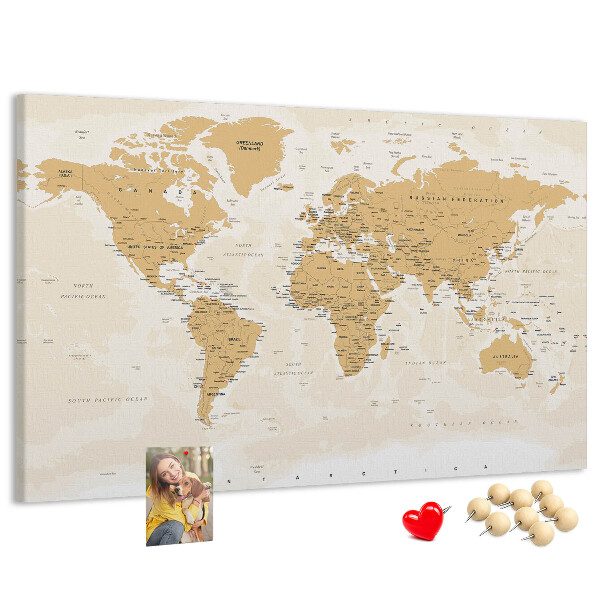 Korková nástěnka Mapa světa s vyznačenými polohami.