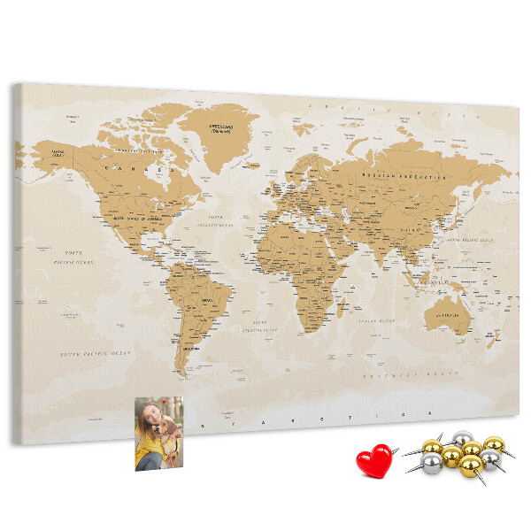 Korková nástěnka Mapa světa s vyznačenými polohami.