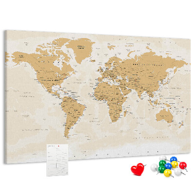 Korková nástěnka Mapa světa s vyznačenými polohami.