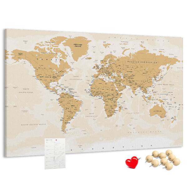 Korková nástěnka Mapa světa s vyznačenými polohami.