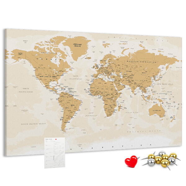 Korková nástěnka Mapa světa s vyznačenými polohami.