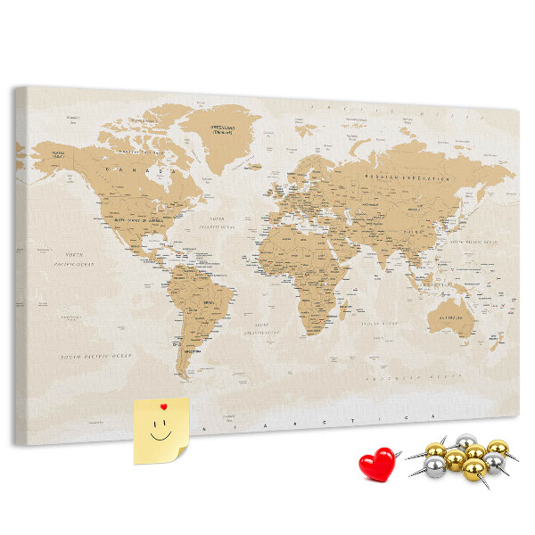 Korková nástěnka Mapa světa s vyznačenými polohami.
