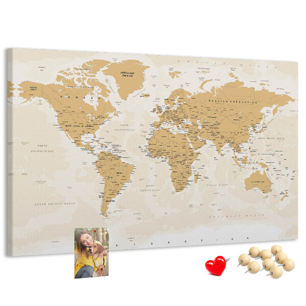 Korková nástěnka Mapa světa s vyznačenými polohami.