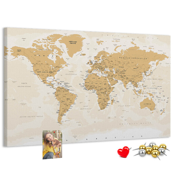 Korková nástěnka Mapa světa s vyznačenými polohami.