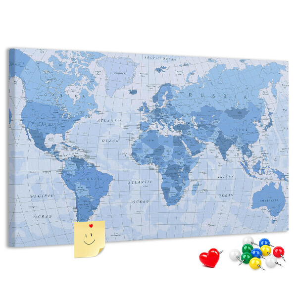 Korková nástěnka Mapa světa v odstínech modré.