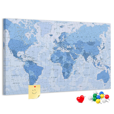 Korková nástěnka Mapa světa v odstínech modré.