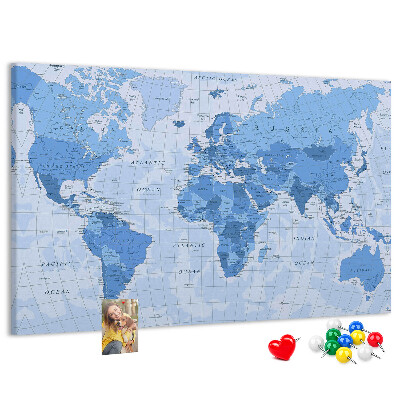Korková nástěnka Mapa světa v odstínech modré.