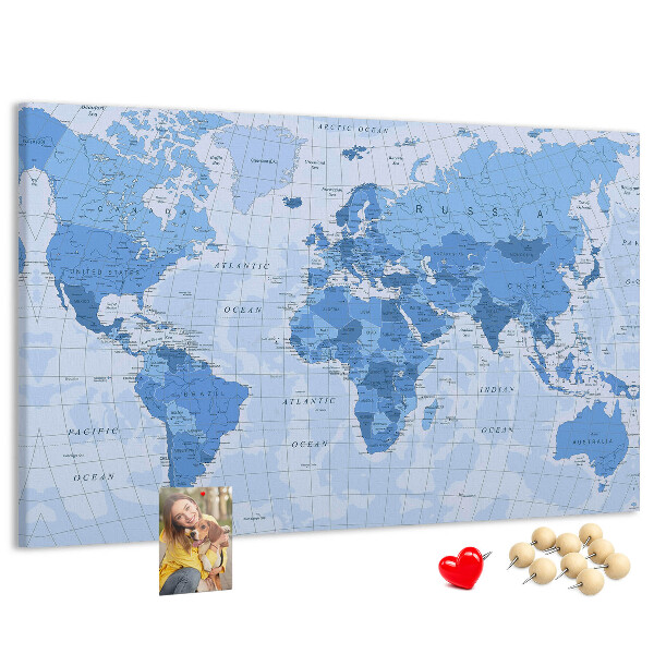Korková nástěnka Mapa světa v odstínech modré.