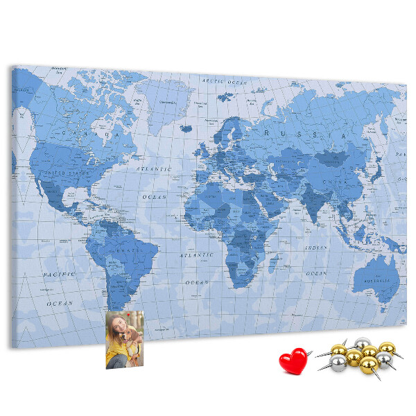 Korková nástěnka Mapa světa v odstínech modré.