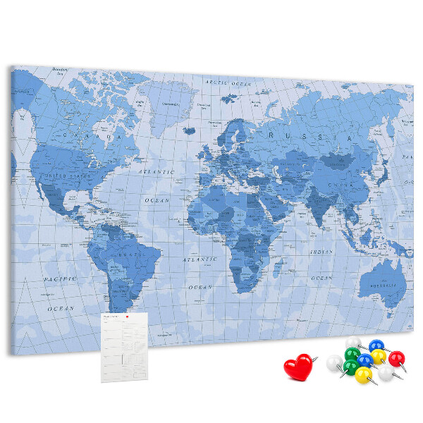 Korková nástěnka Mapa světa v odstínech modré.