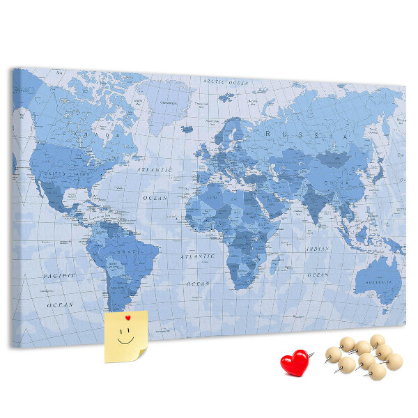 Korková nástěnka Mapa světa v odstínech modré.