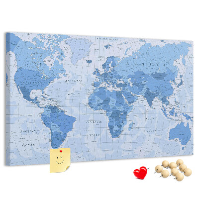 Korková nástěnka Mapa světa v odstínech modré.