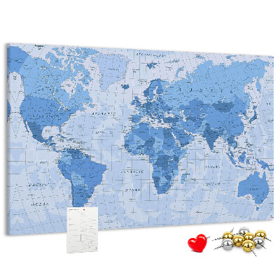 Korková nástěnka Mapa světa v odstínech modré.