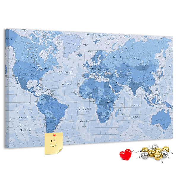 Korková nástěnka Mapa světa v odstínech modré.