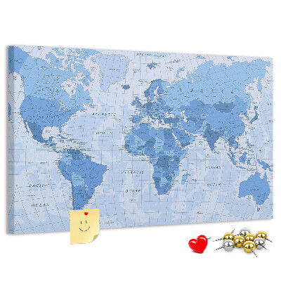Korková nástěnka Mapa světa v odstínech modré.