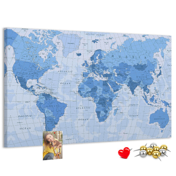 Korková nástěnka Mapa světa v odstínech modré.