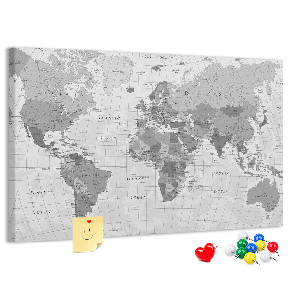 Korková nástěnka Podrobná mapa světa v odstínech šedé
