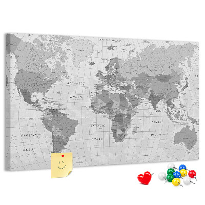 Korková nástěnka Podrobná mapa světa v odstínech šedé