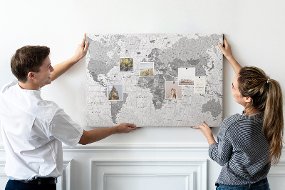Korková nástěnka Podrobná mapa světa v odstínech šedé