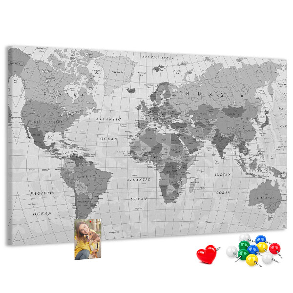 Korková nástěnka Podrobná mapa světa v odstínech šedé