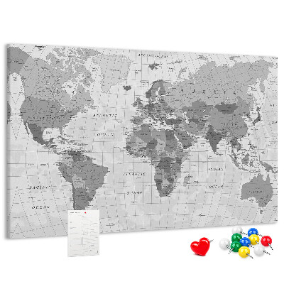 Korková nástěnka Podrobná mapa světa v odstínech šedé