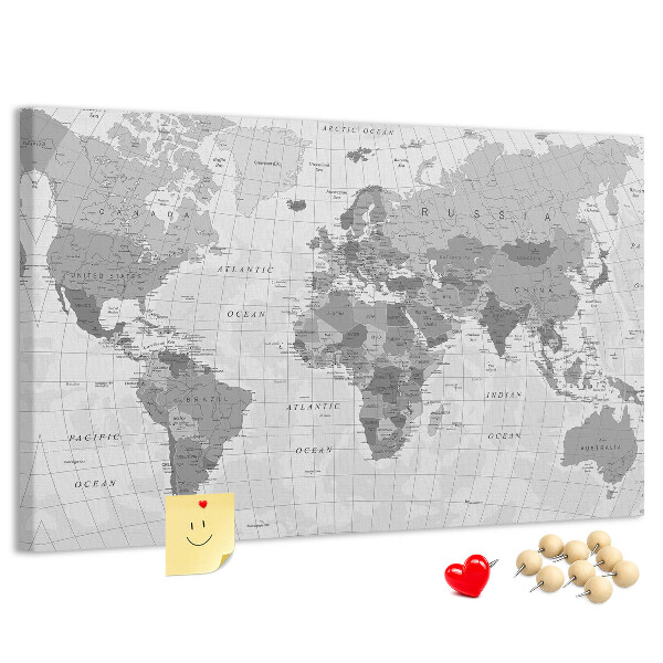 Korková nástěnka Podrobná mapa světa v odstínech šedé