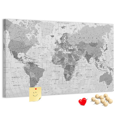 Korková nástěnka Podrobná mapa světa v odstínech šedé