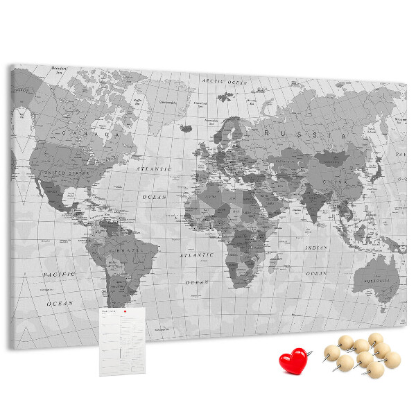 Korková nástěnka Podrobná mapa světa v odstínech šedé