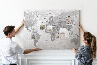 Korková nástěnka Podrobná mapa světa v odstínech šedé
